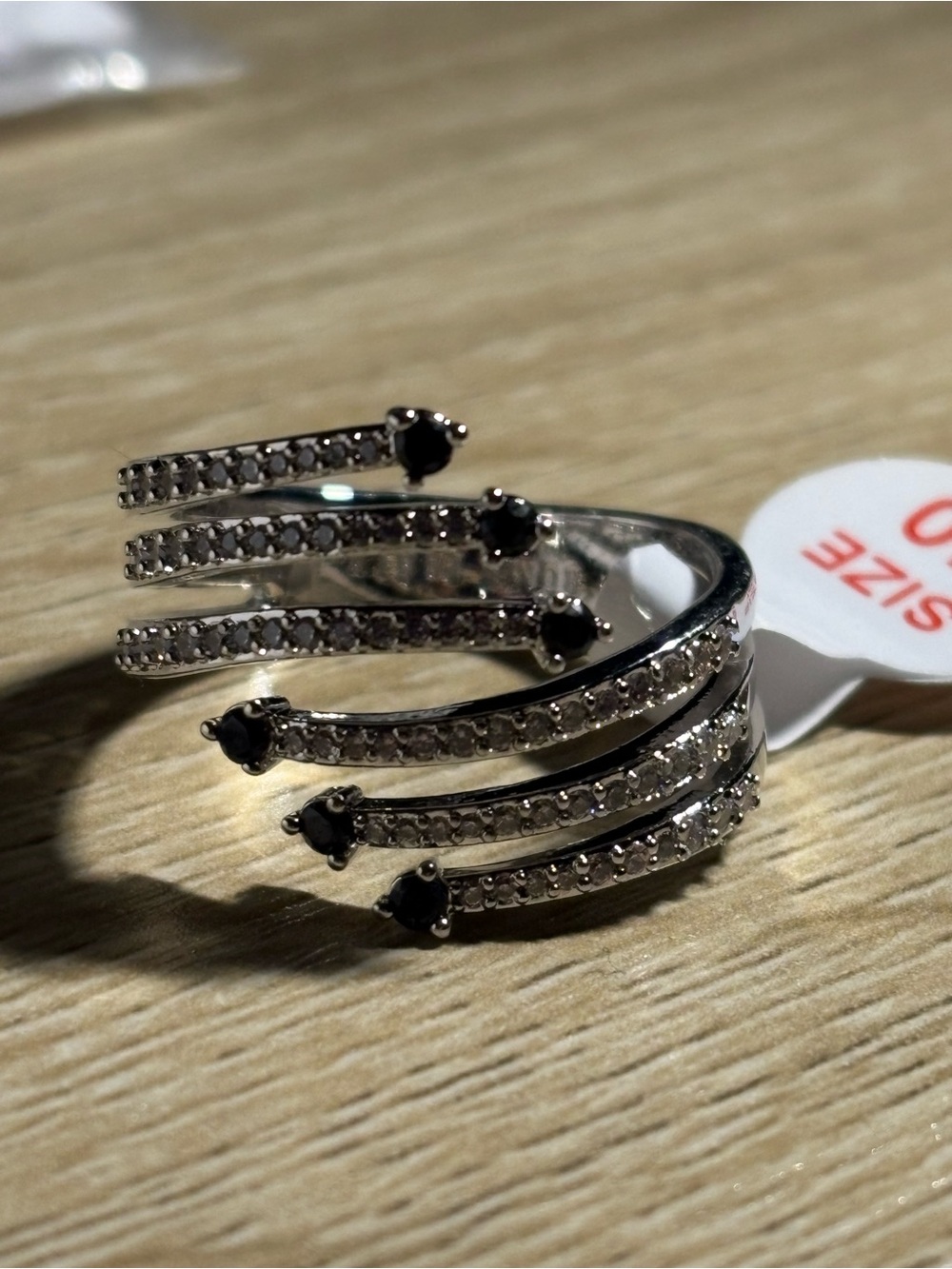 Silver Tone Wrap Ring with Black Stones and Clear Accents – Size 10